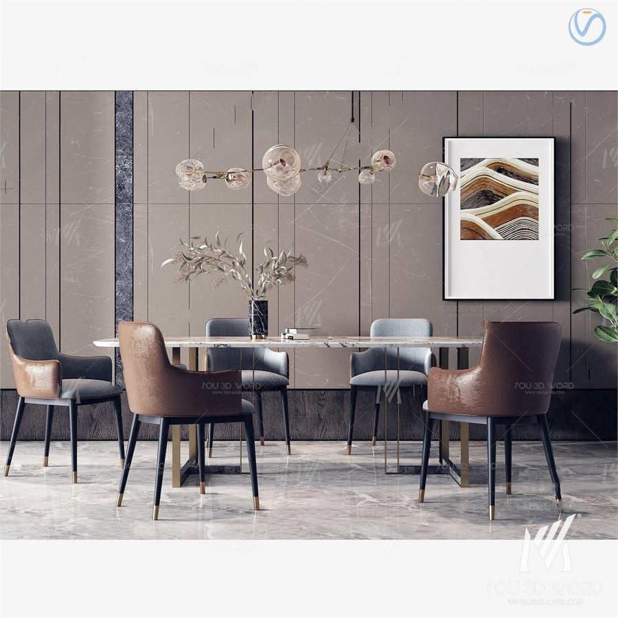 3d model of modern light luxury dining table and chairs